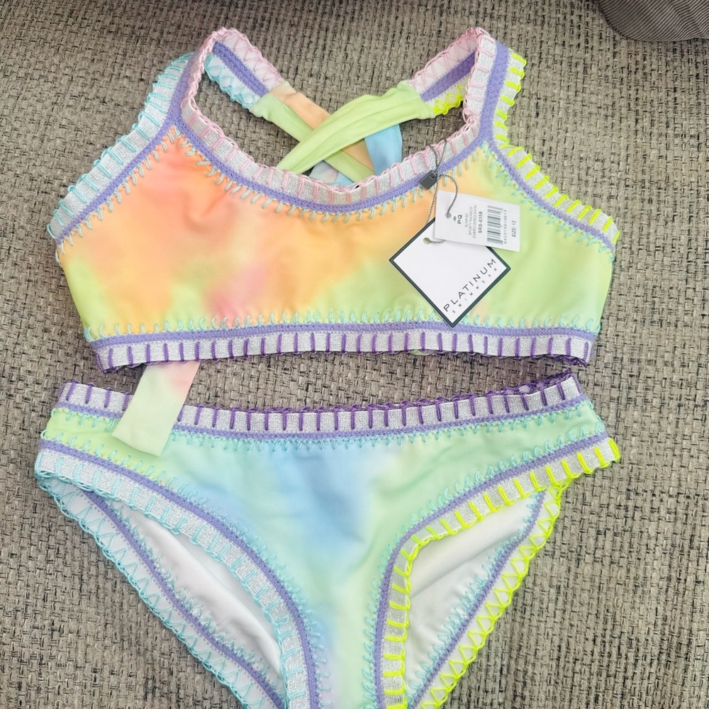 PQ Swim Kids Pastel Rainbow Tie-Dye Bikini Set with Purple Trim